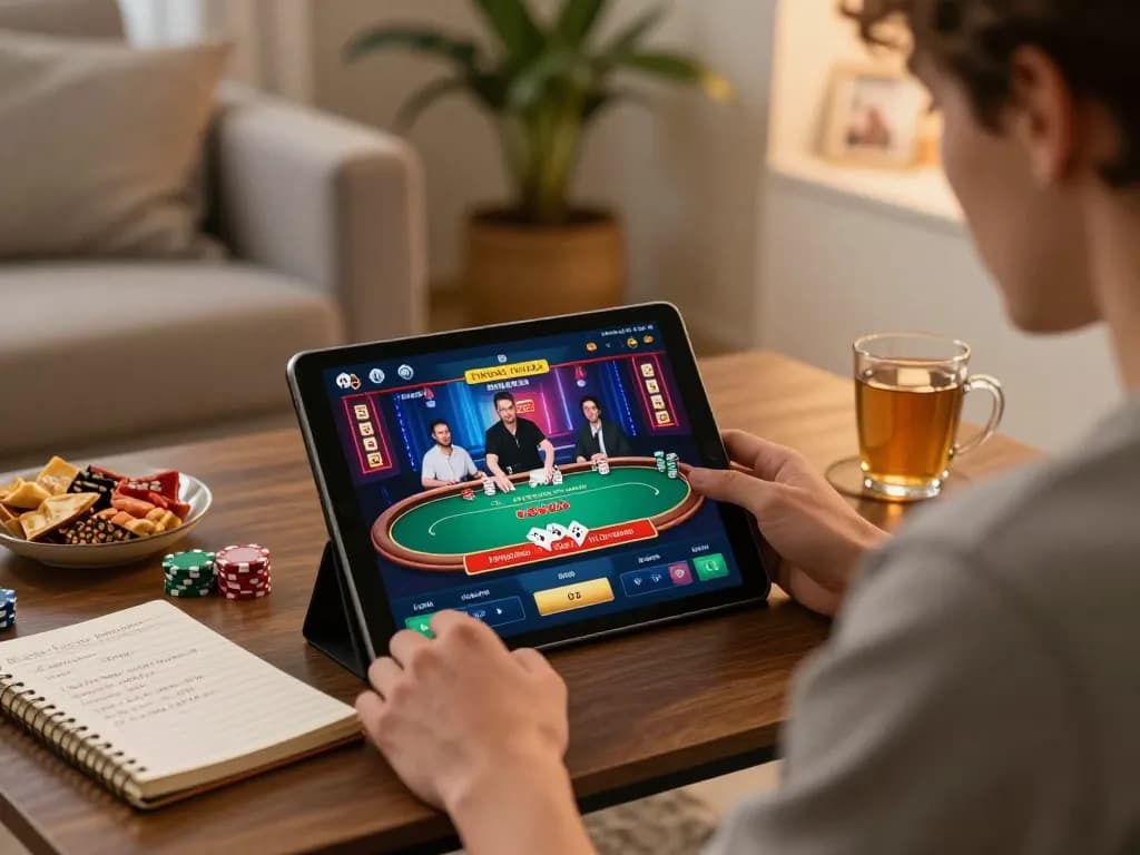 Engaged in casino utan svensk licens snabba uttag gameplay on tablet at home, surrounded by strategy notes.
