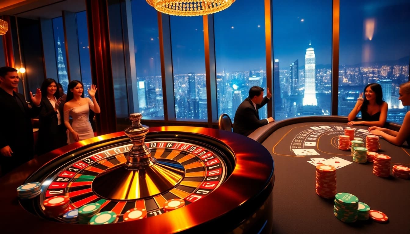 A vibrant casino scene from https://go88app.cn.com/ showcasing players celebrating around a roulette wheel and poker table.