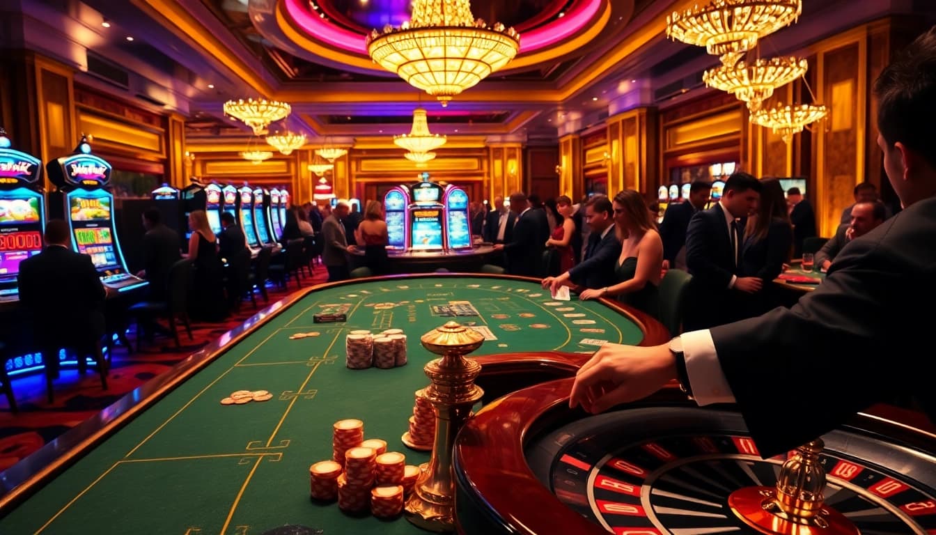 B52 Club patrons enjoying sophisticated gambling at poker tables and slot machines.
