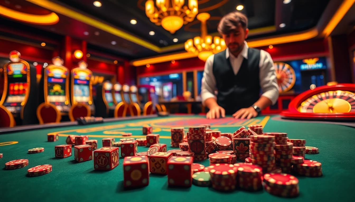 Tài xỉu sunwin action at a luxurious casino table with dice and poker chips.