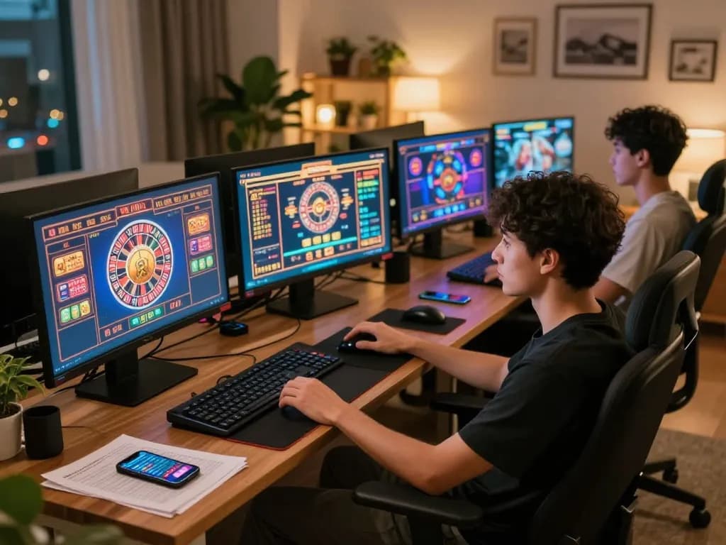 VU88 online gaming session with multiple screens and focused player engaging in slot and roulette games