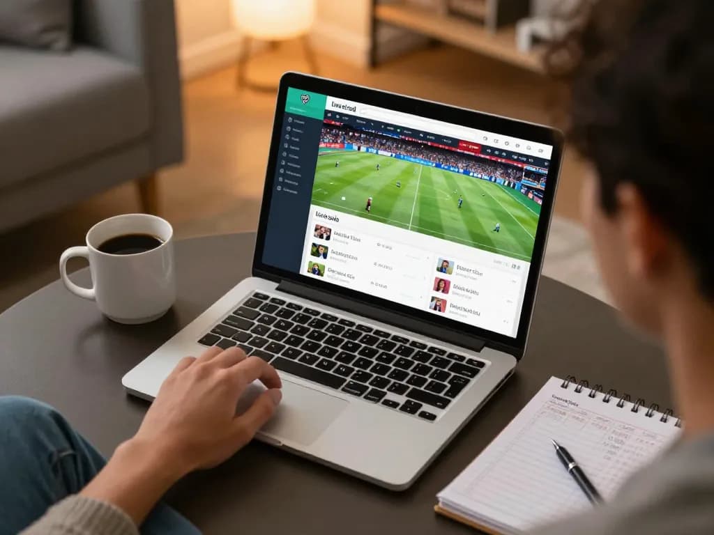 Engaging user analyzes kèo nhà cái odds on laptop, showcasing sports betting in action.