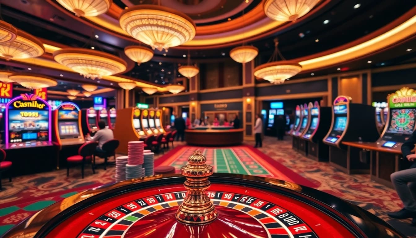 Excited gamblers engaging in a vibrant casino scene at bem88 with roulette wheels and poker chips.