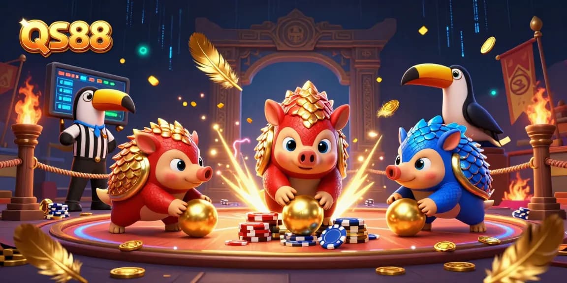 Engage with QS88 in an exciting 3D casino showdown featuring rival pangolins amid vibrant gambling imagery.