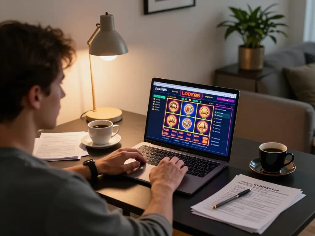 Player enjoying online gaming experience at lode88 with strategy notes and laptop setup.