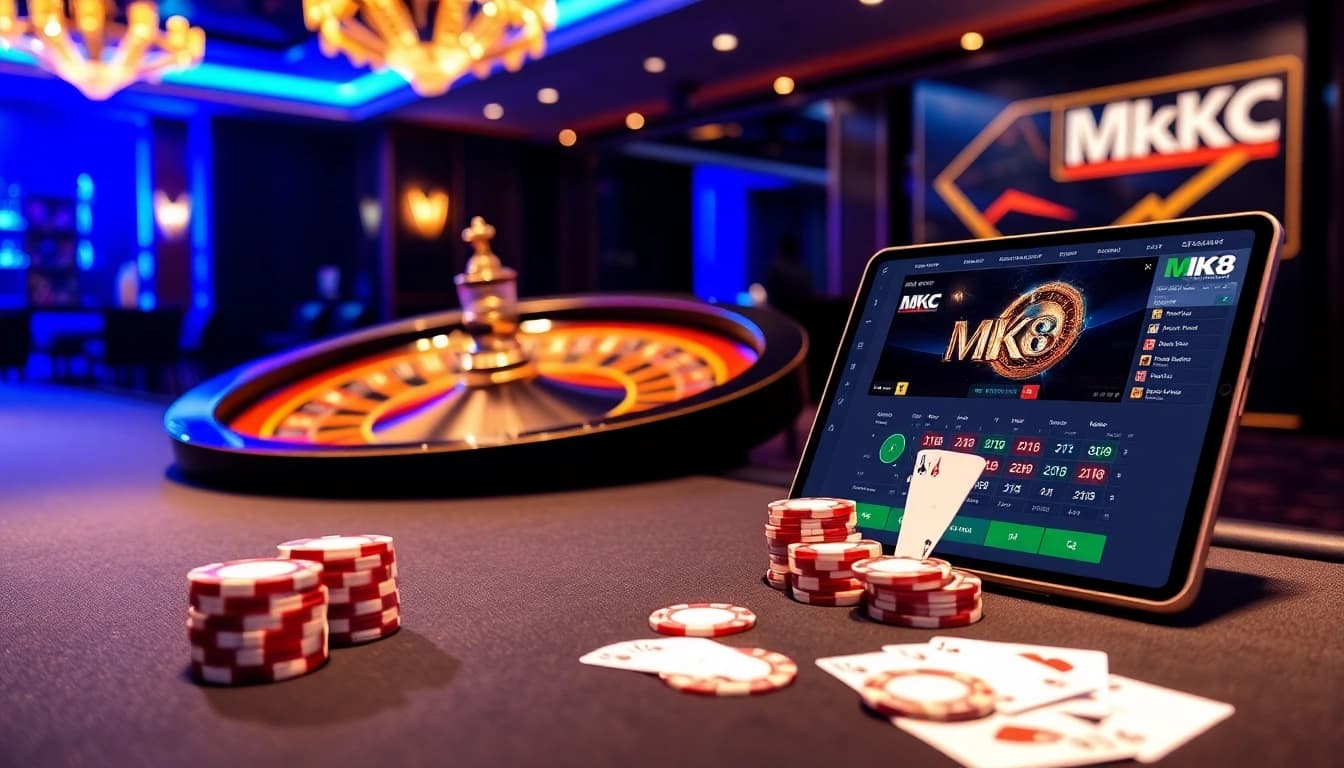 Betting with MK8 at a luxurious online casino featuring poker, roulette, and thrilling game interfaces.