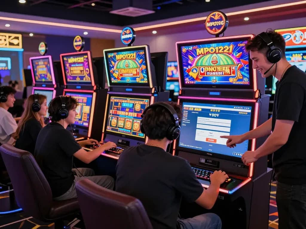 MPO1221 adegan permainan slot online dengan pemain yang menikmati mesin slot yang penuh warna dan grafik dinamis.