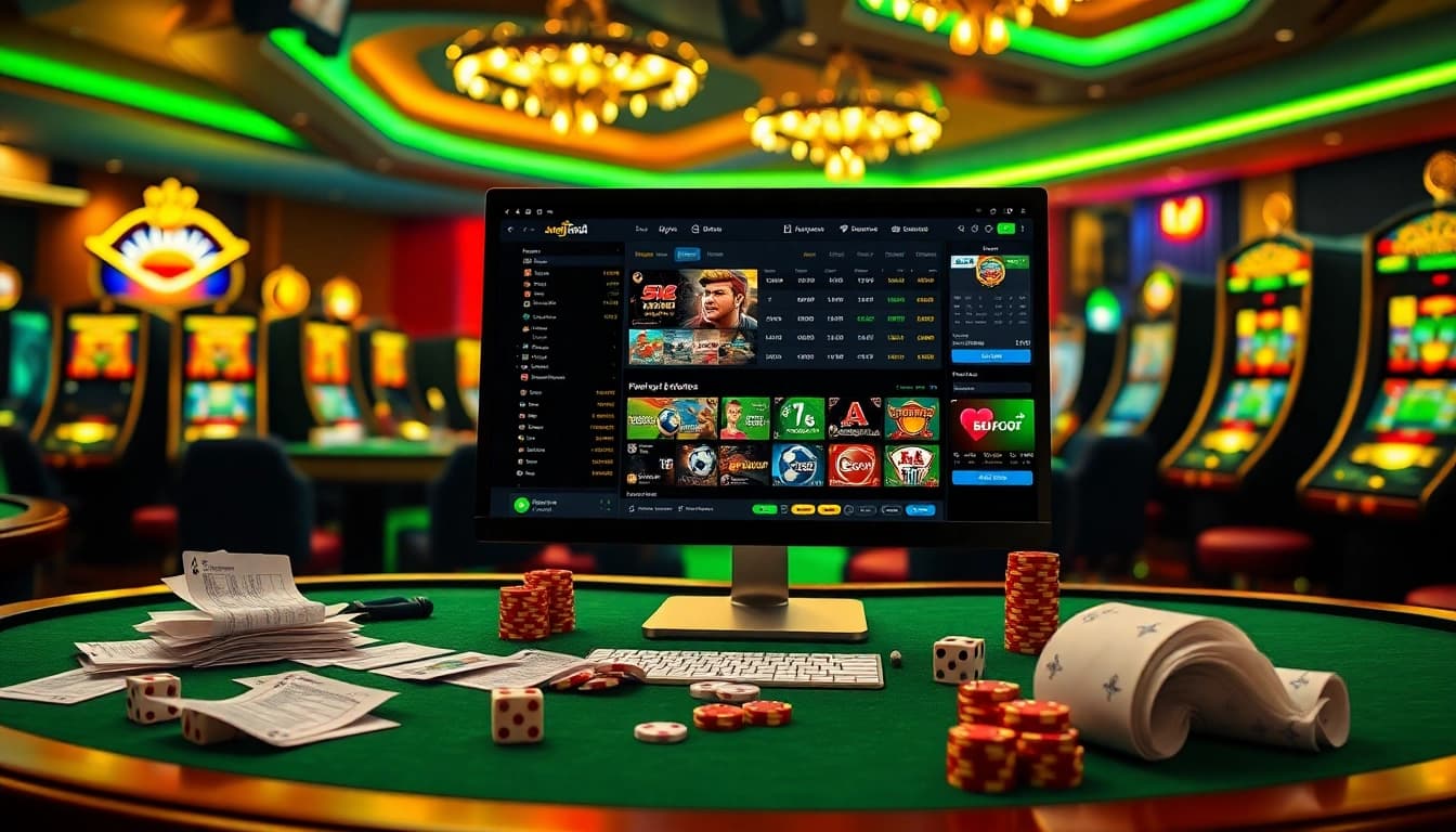 Experience exhilarating Agen Judi Bola betting action in a vibrant, upscale gambling setting.