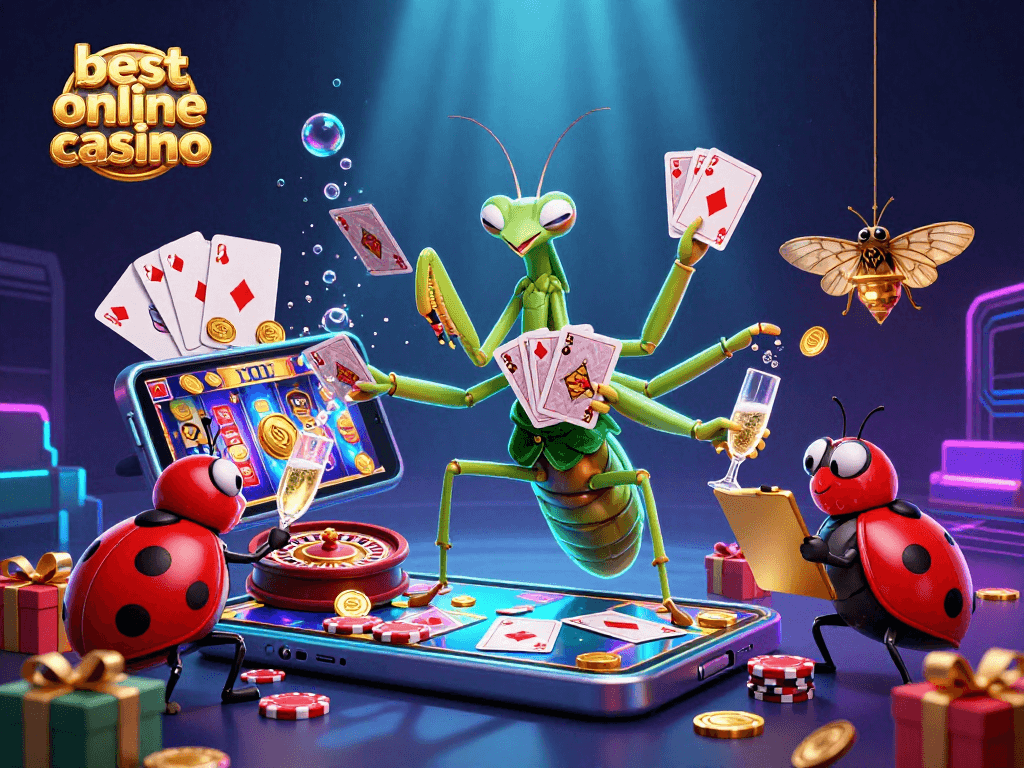 Engage with the best online casino action featuring a mantis dealer and vibrant gaming elements.