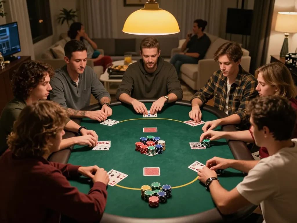 Xoso66 players engaged in a home poker game with chips and cards on the table