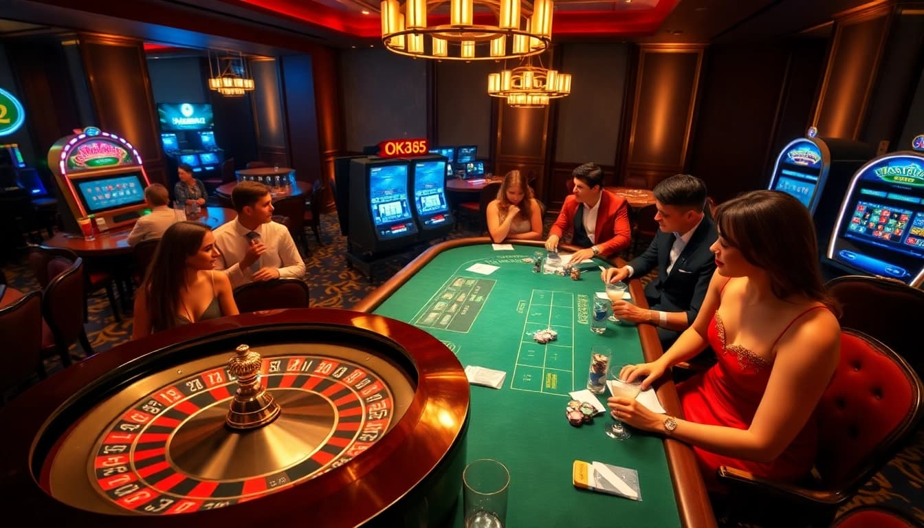 Experience thrilling gameplay with OK365 at this vibrant casino scene featuring poker and roulette.