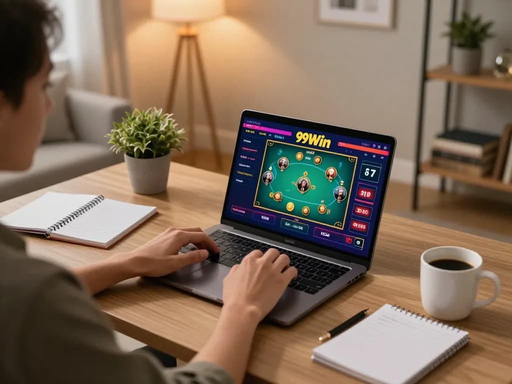 Player enjoying 99Win online poker with organized notes at a cozy home setup