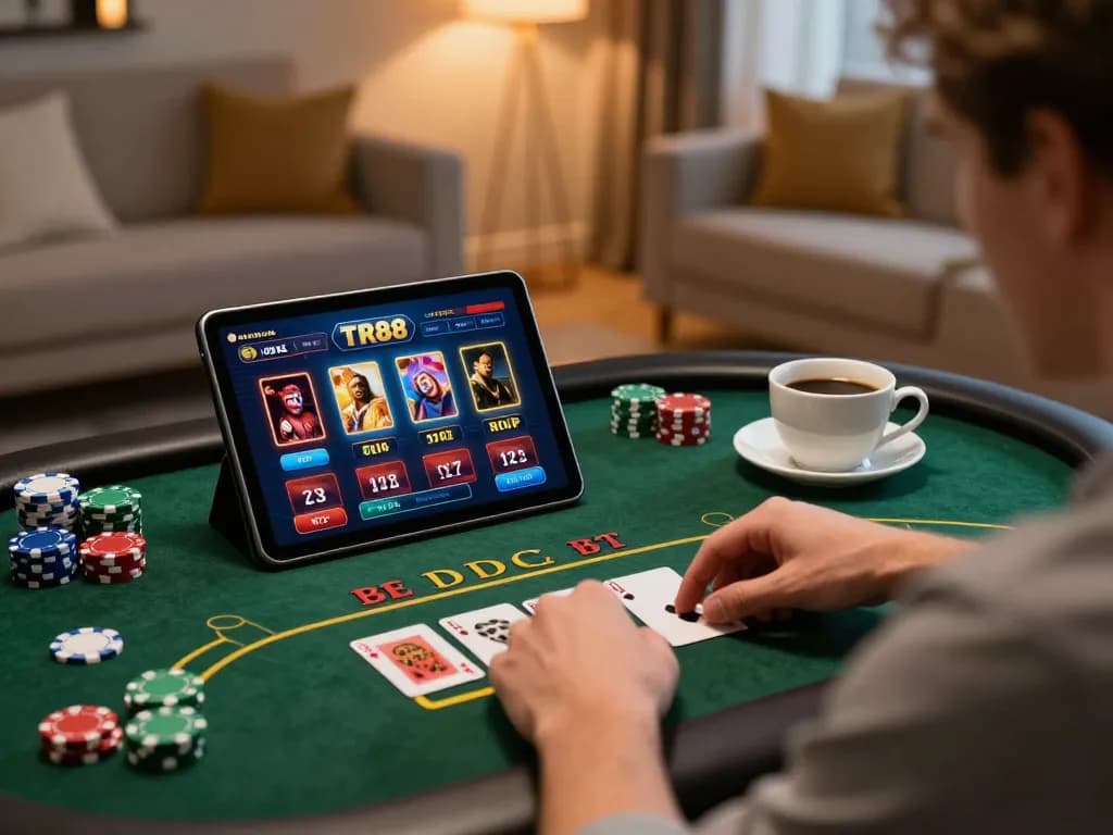 Player enjoying TR88 casino gaming on tablet in a cozy living room setting.