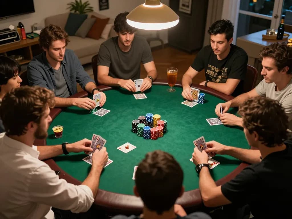 Engaging home poker night scene at https://98winn.net/ showcasing players in action with chips and cards.