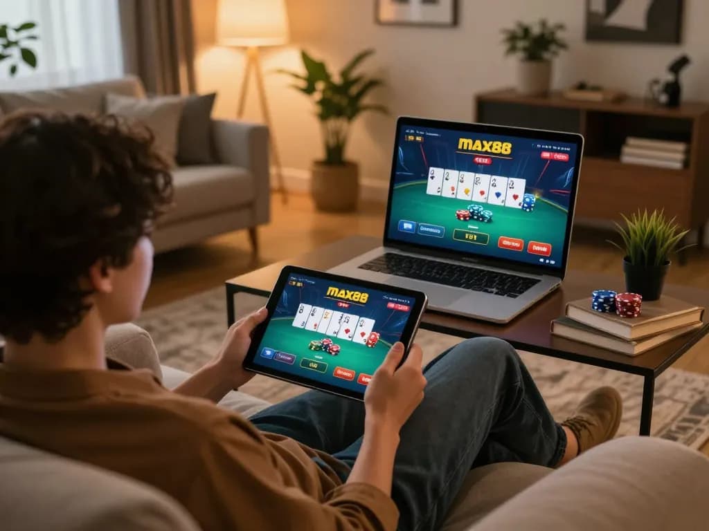 A player engaging with the max88 poker app on a cozy tablet setup at home, showcasing a strategic gaming moment.
