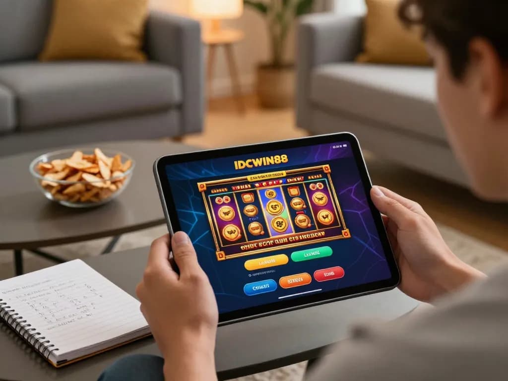 Login to IDCWIN88 while enjoying home slot gaming with vibrant interface and snacks.