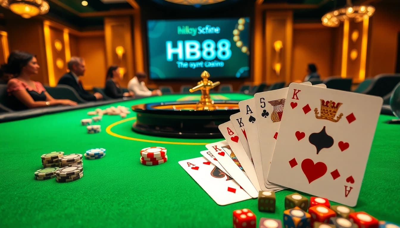 Gambling on the HB88 platform at a luxurious casino with poker chips and cards.