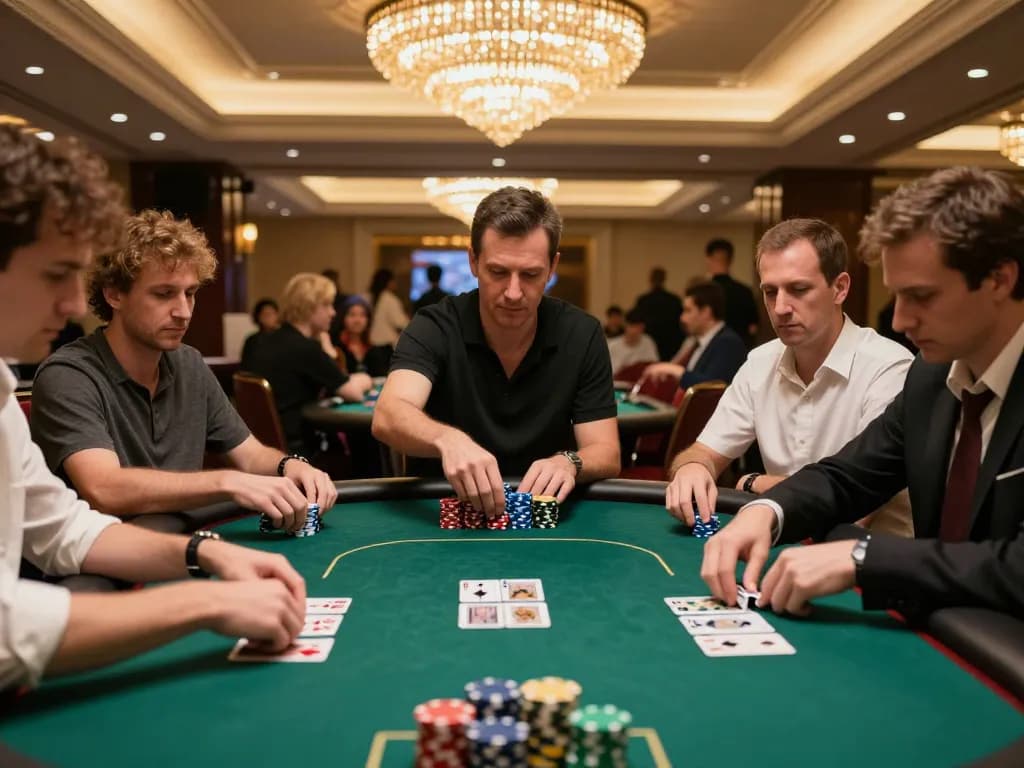 Players at an elegant poker table intensely strategizing their next move at LC88 trang chủ, showcasing the thrill of gambling.