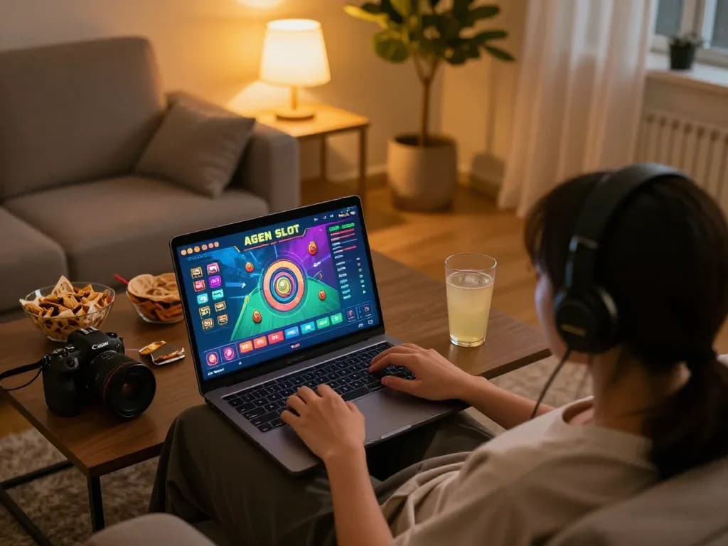 A person engaging with Agen Slot games on a laptop, cozy home atmosphere with snacks and drinks visible.
