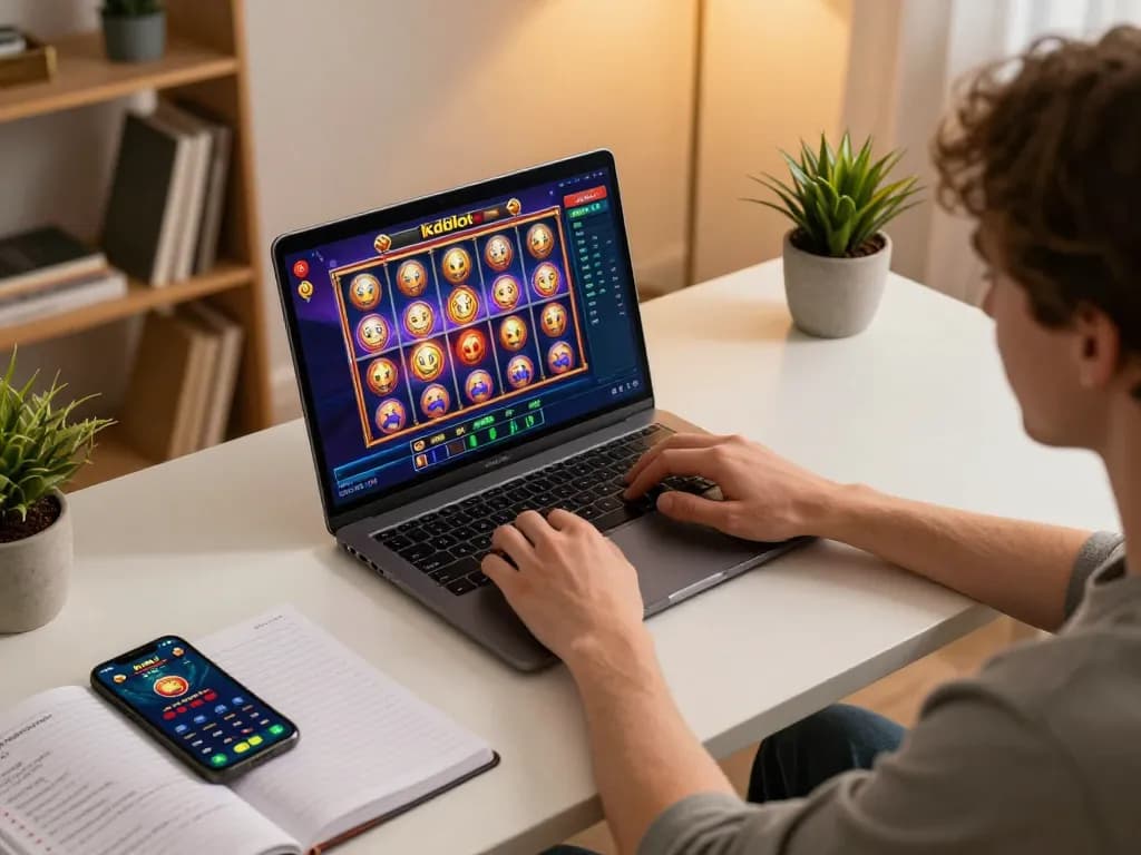 Engaging in kdslot gameplay on a laptop at a stylish home setup with strategic notes.