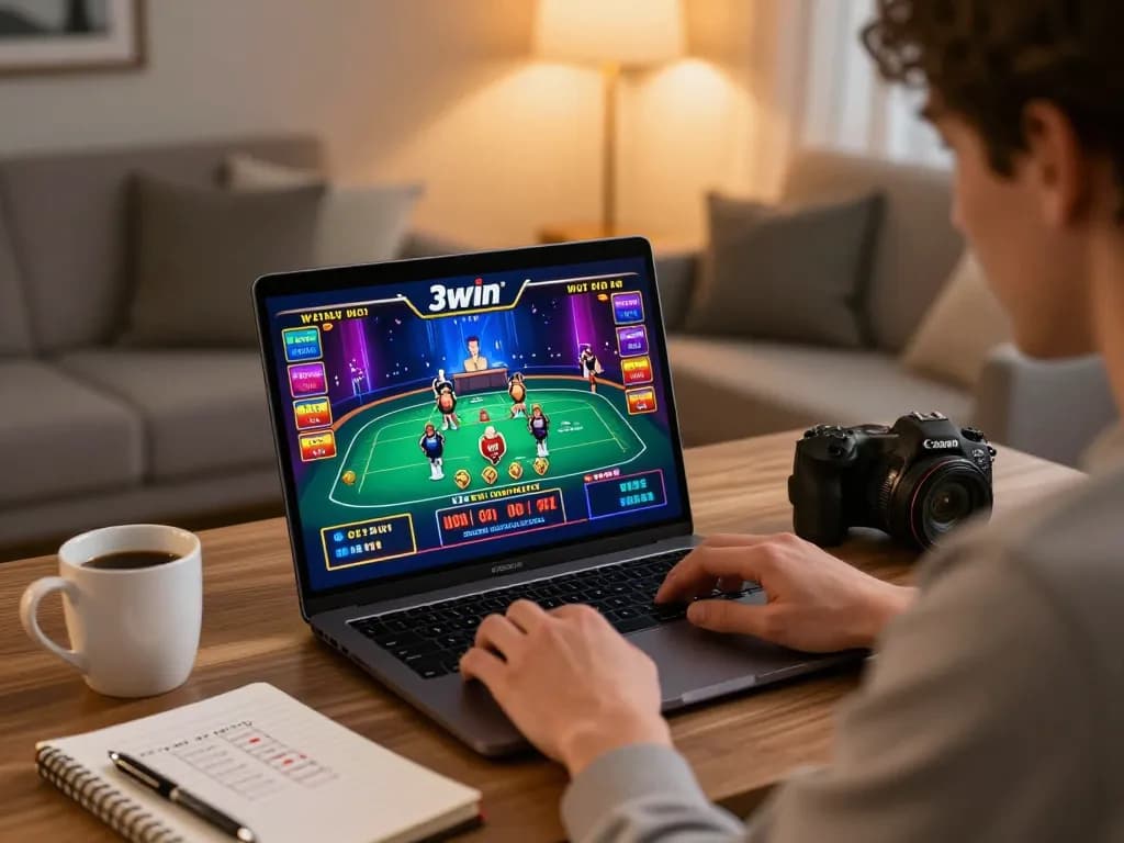 Engaging online gaming moment at 3win featuring a player using a laptop, strategic betting notes visible.