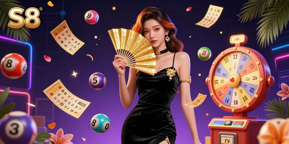 S8 presents an immersive casino experience with captivating visuals of a stunning woman surrounded by vibrant game elements.