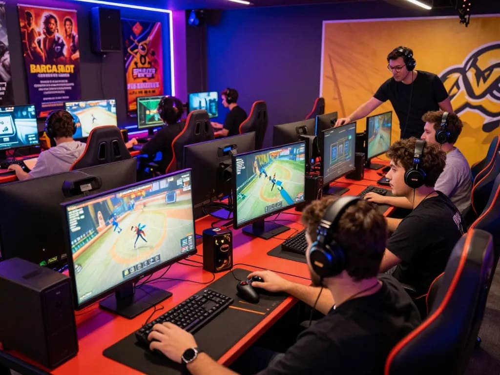 Engaging gaming arena showcasing players enjoying barcaslot's digital games in a lively atmosphere.