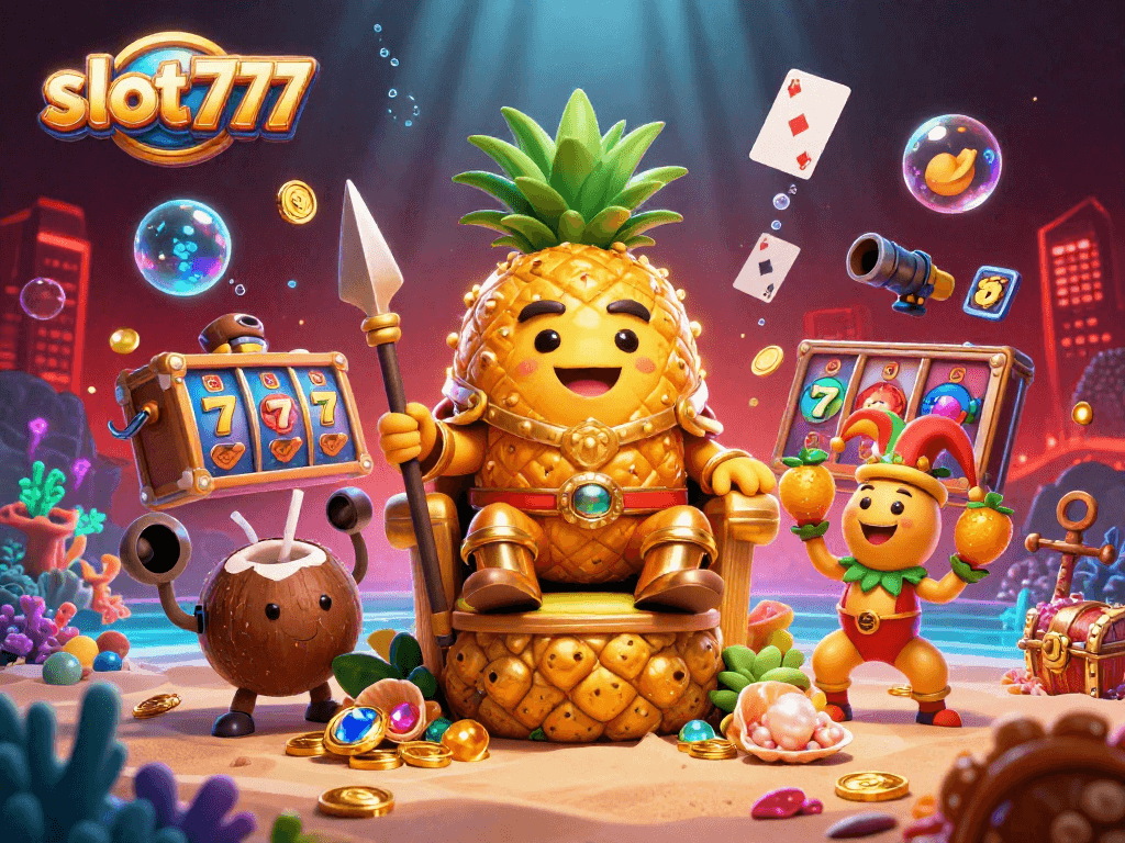 Engage with slot777's vibrant 3D casino scene as the golden pineapple king rules with luck and fortune.