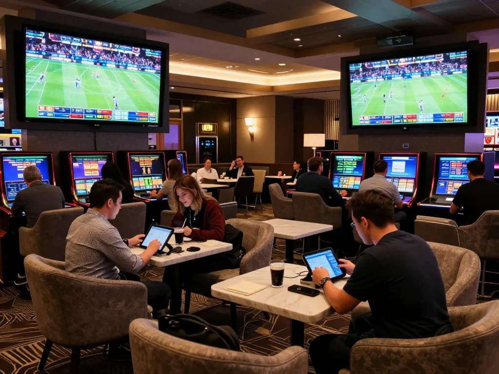 W88 patrons placing bets in a lively sports betting lounge, showcasing excitement and technology.