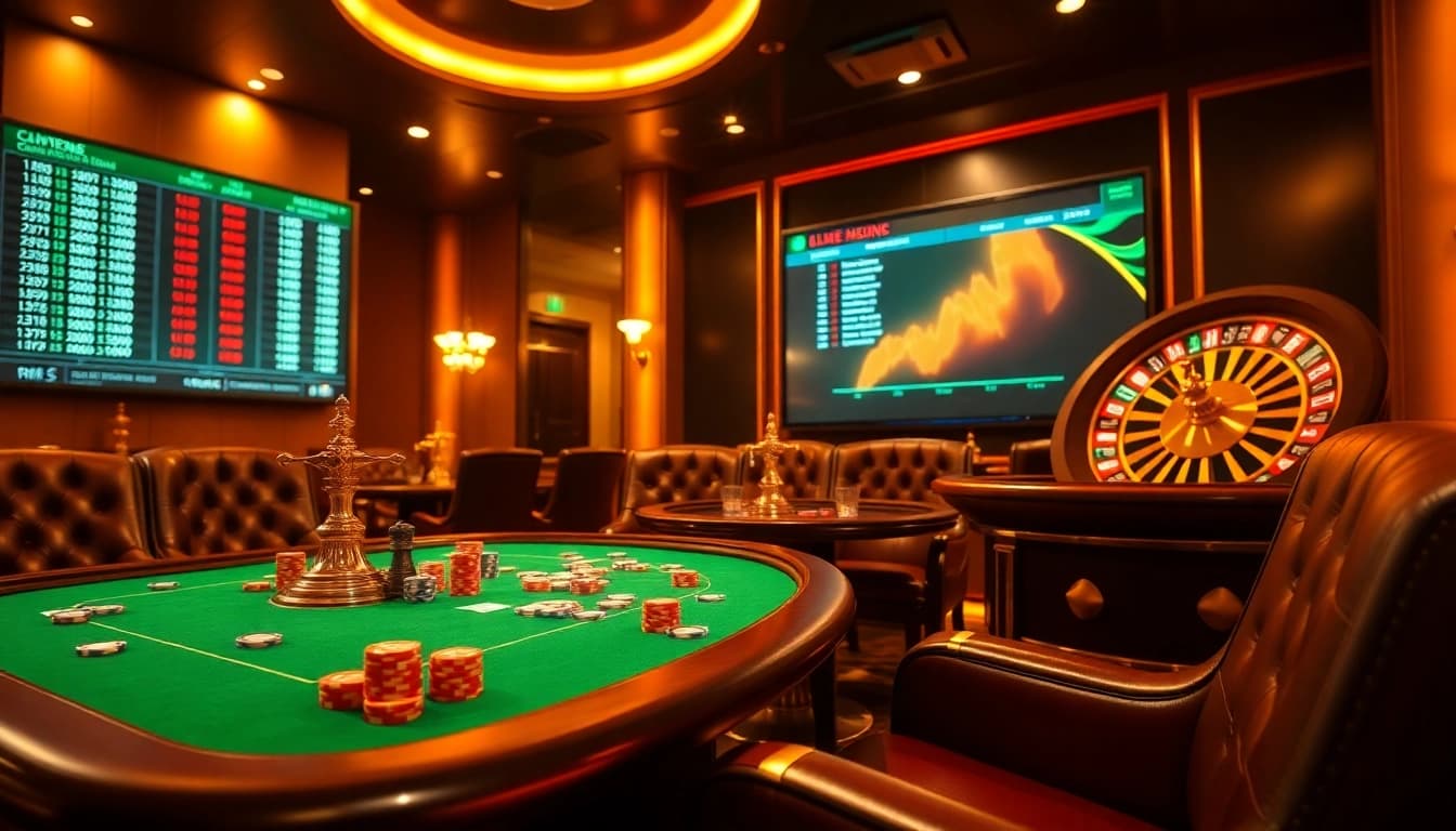 Experience the thrilling world of gamebaidoithuong coffee with a vibrant casino scene featuring poker tables and roulette.