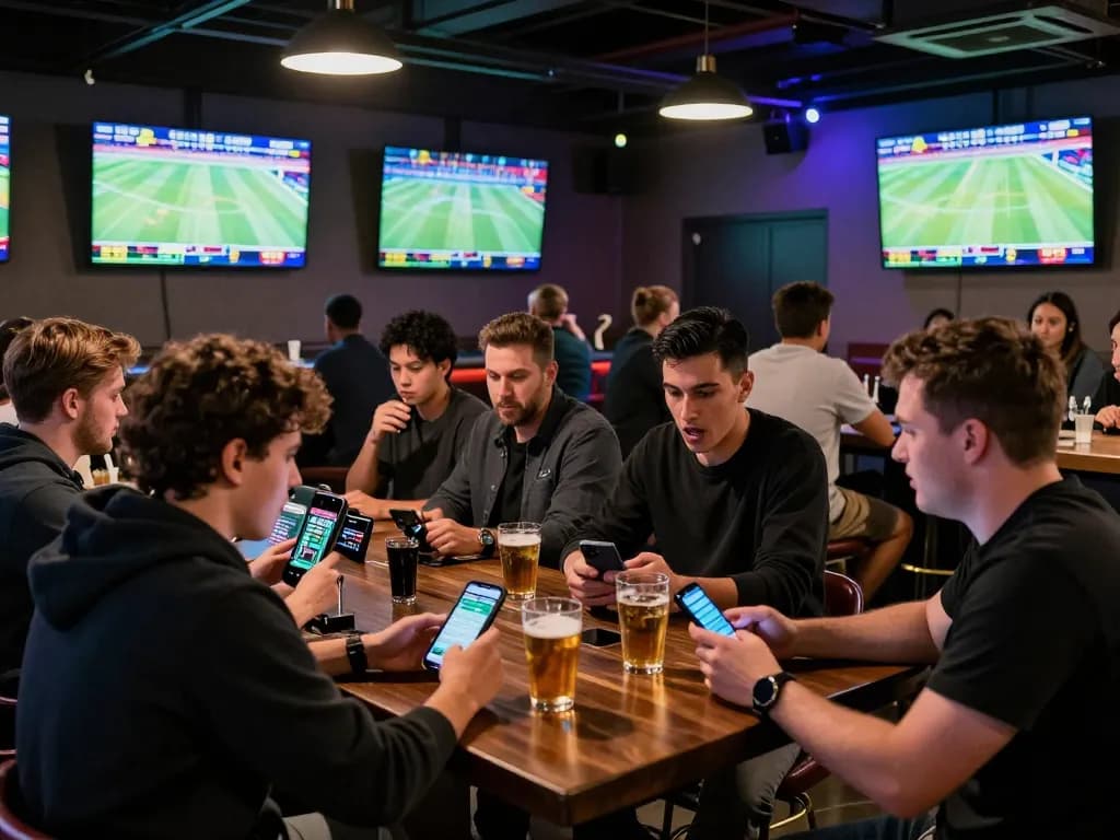 Senyuman penuh semangat fans taruhan olahraga SPBO yang menempatkan taruhan di perangkat mobile