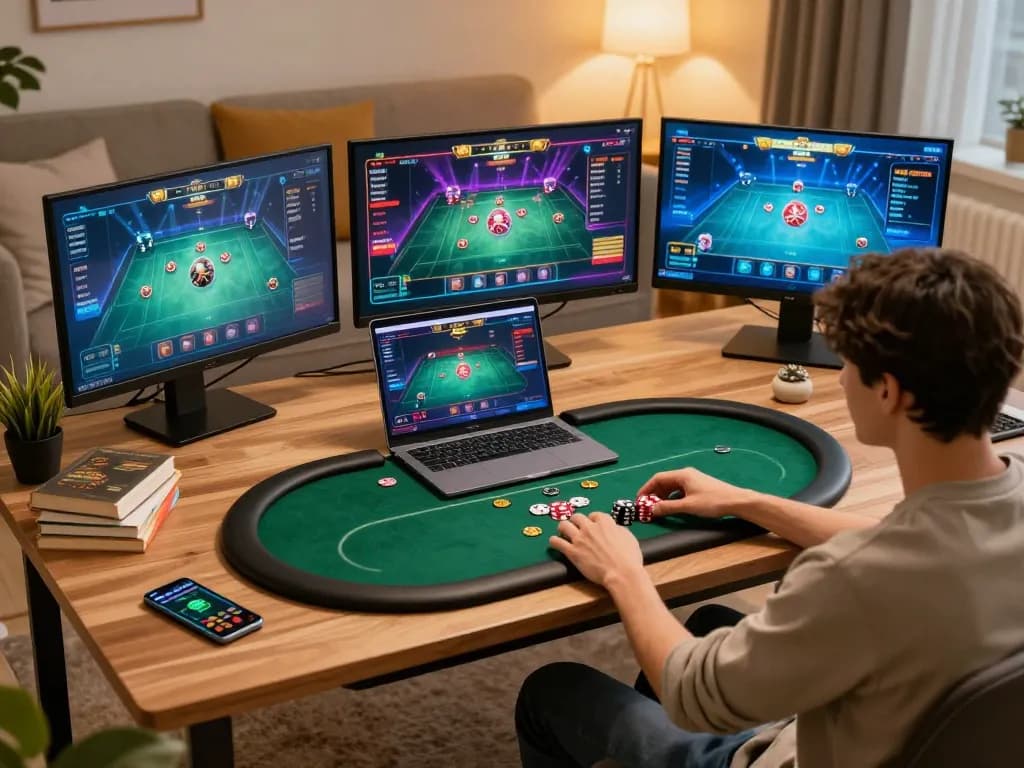 Person engaging in an online poker game on their laptop, showcasing urbanchandy gaming strategy and comfort.