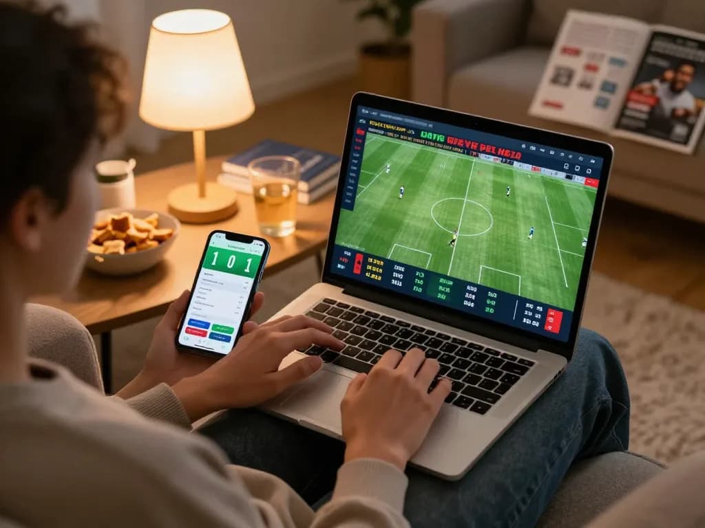 Person utilizing nddo to place sports bets on a laptop during a live match.