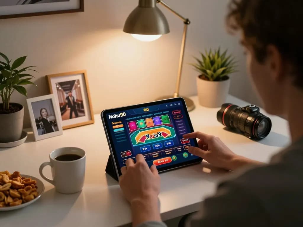 Nohu90 online gaming setup showcasing tablet interface and cozy atmosphere.