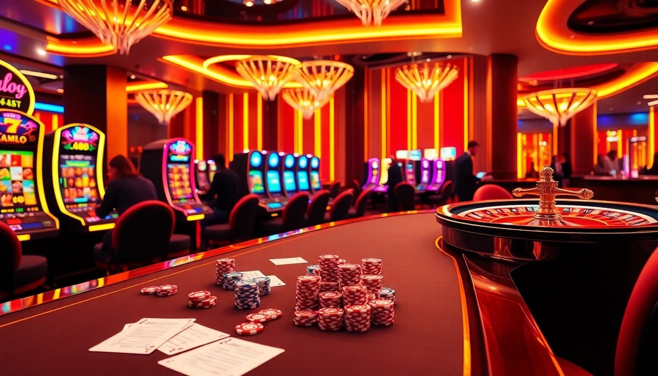 Engaging scene of players enjoying games at GA888 online casino with vibrant poker chips and slot machines.