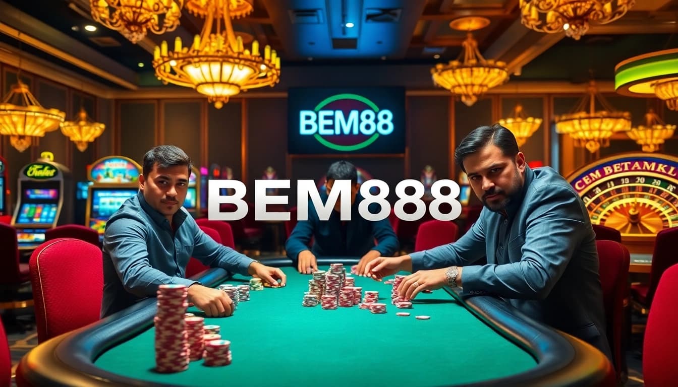 BEM88 poker scene with intense players, stacks of chips, and glamorous casino decor.