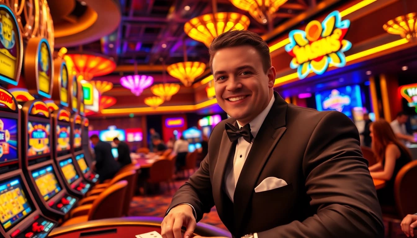 Casino gaming floor with engaging players and a friendly dealer amidst vibrant lights.