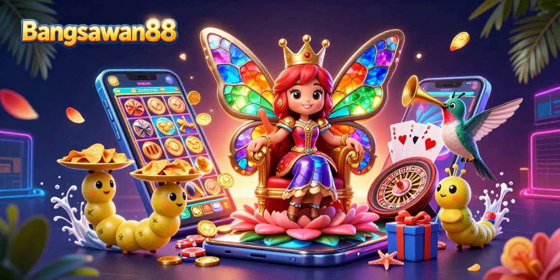Bangsawan88 showcases a vibrant scene of a butterfly queen among charming casino elements, enhancing your betting experience.
