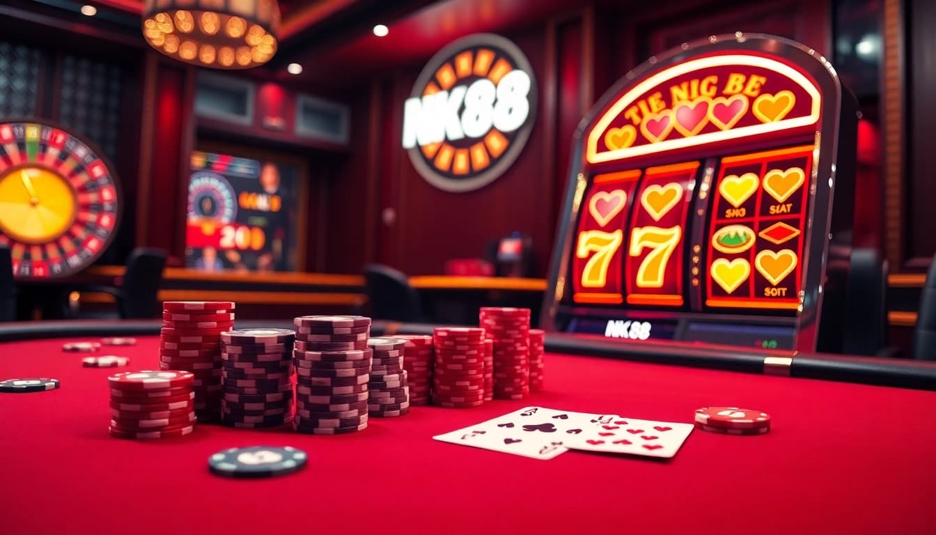 Engaging NK88 love poker table with stacked chips and glowing slot machine reels