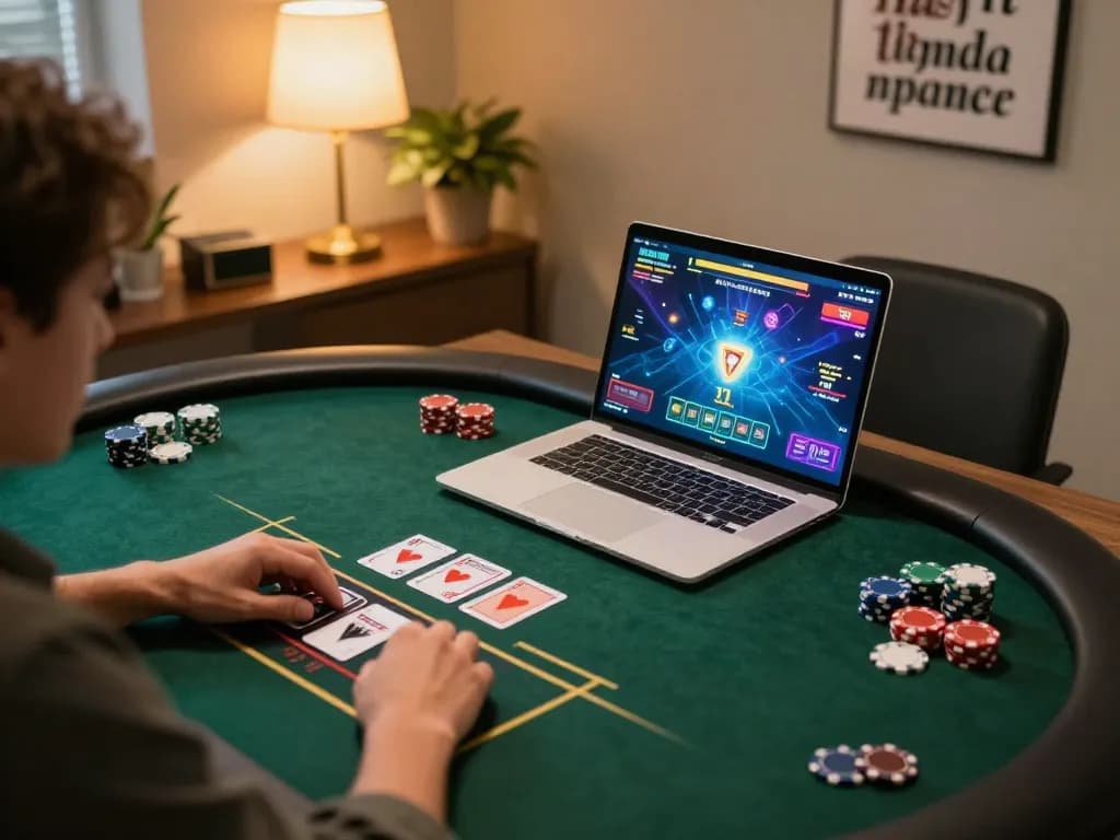 SKY88 player engaging in online poker, showcasing strategy and excitement in a cozy setting