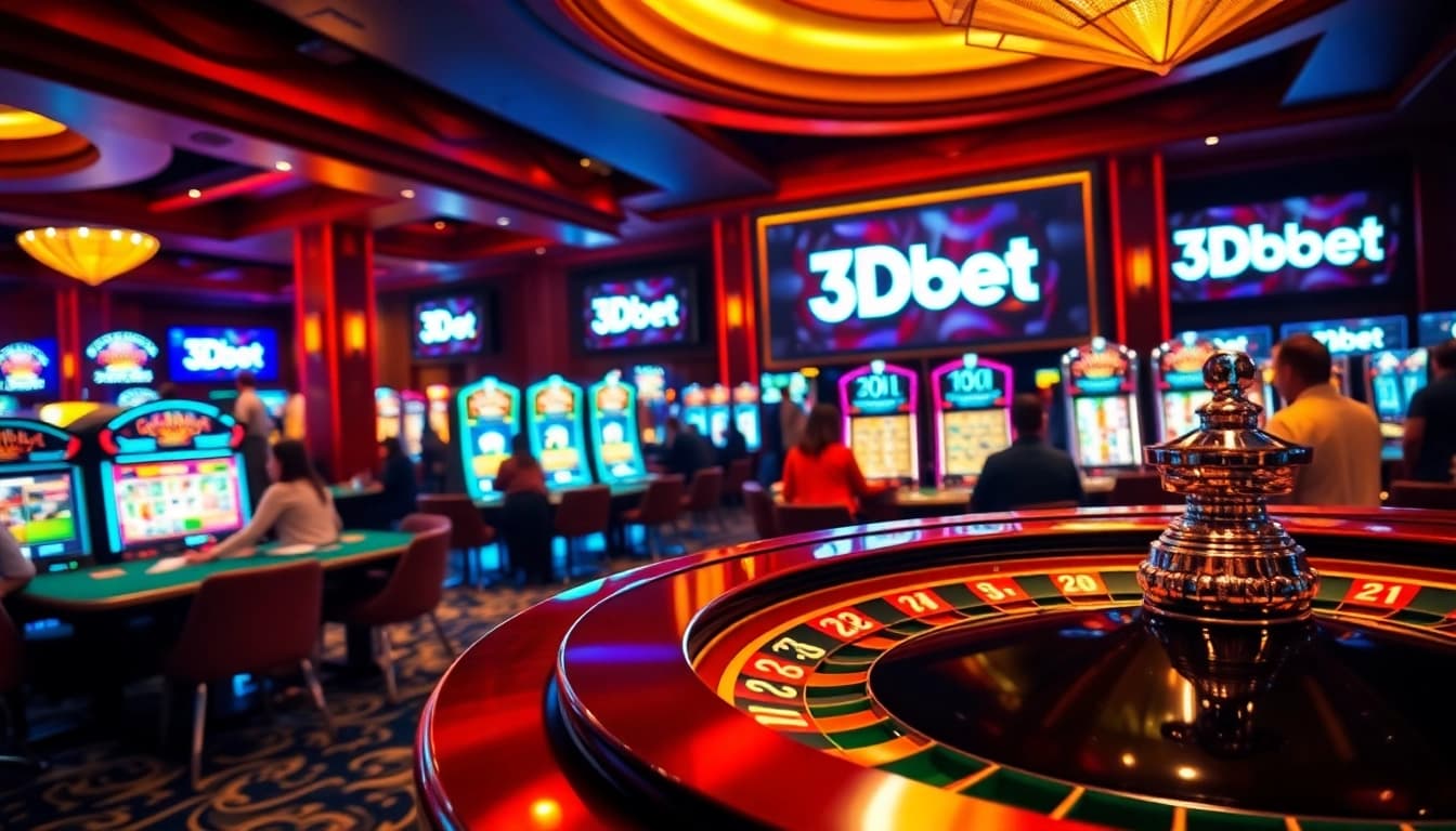 Engage in a thrilling 3Dbet casino environment featuring vibrant tables and players enjoying diverse games.