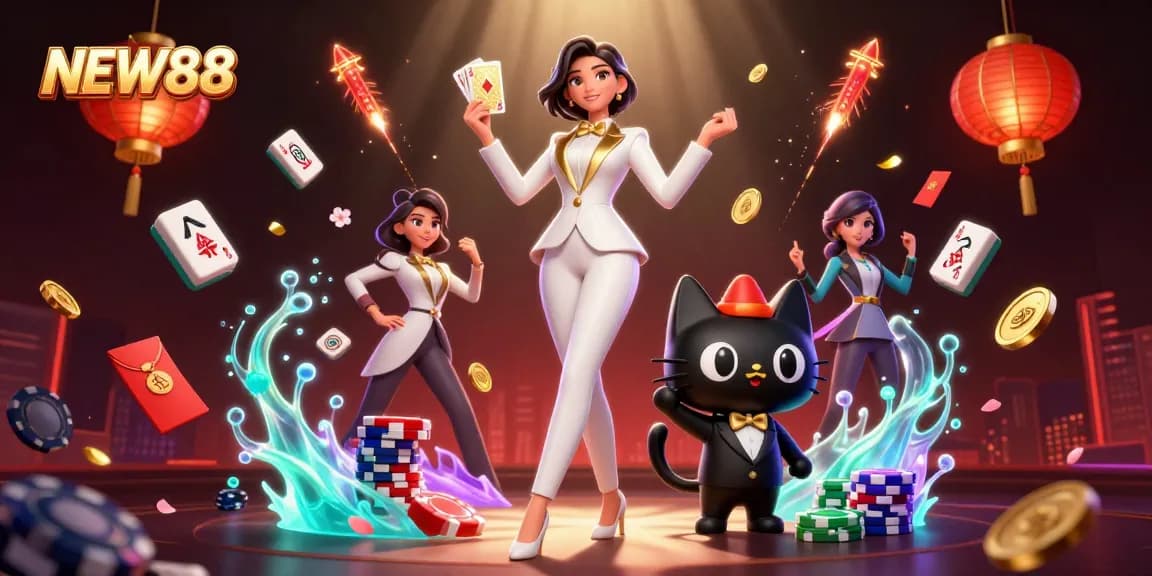 Engage with the vibrant world of NEW88, featuring a glamorous woman shuffling cards with a charming cat, surrounded by festive casino elements.