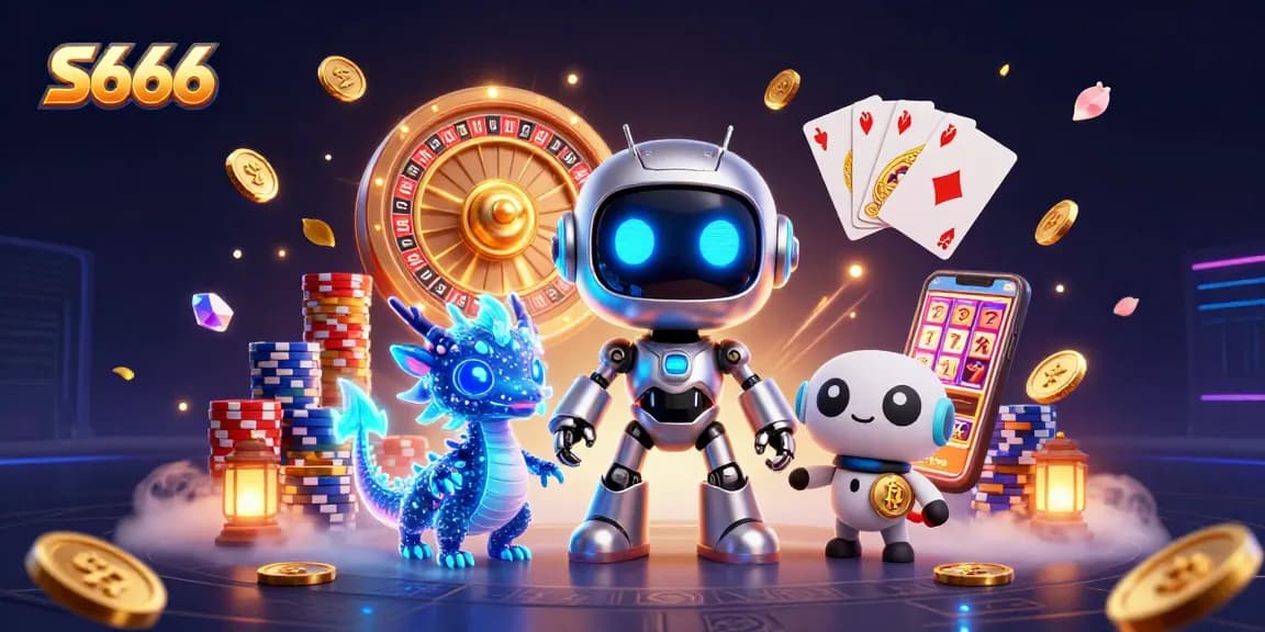 Play exciting games at S666, featuring a neon cyberpunk robot and golden casino elements.