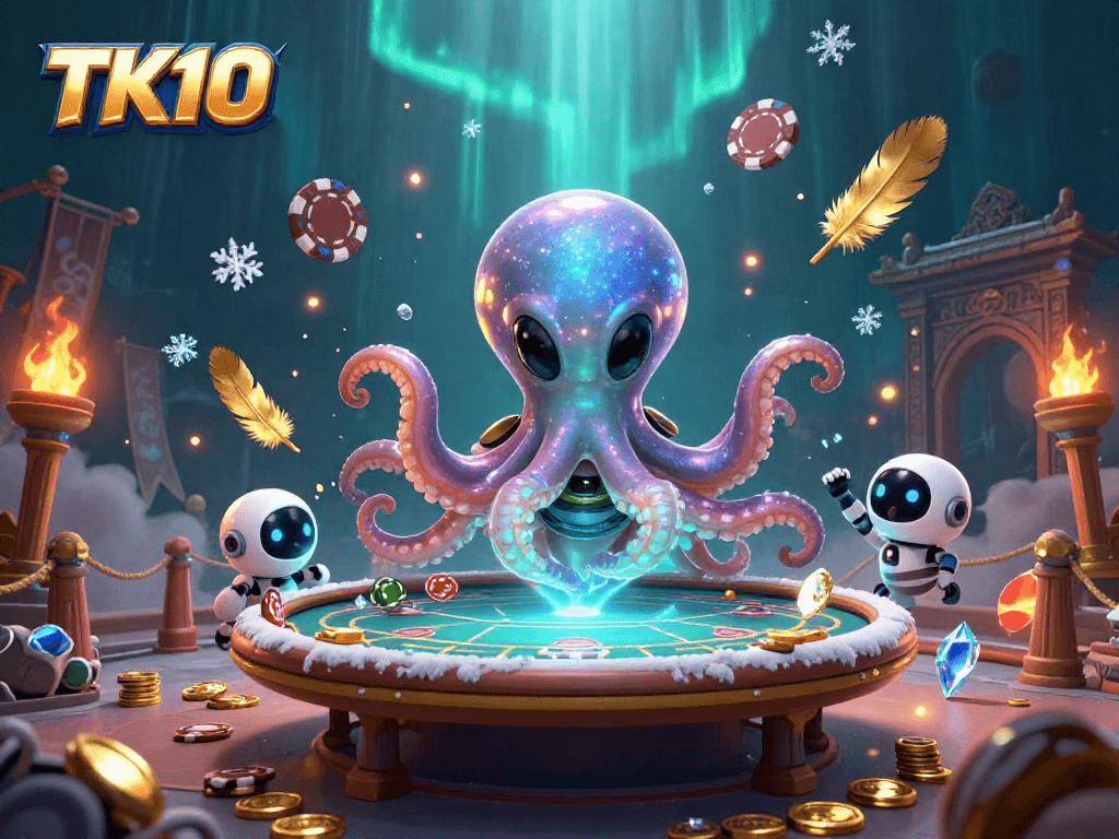 Join the excitement at TK10 with our alien octopus and robot in a dynamic casino scene!
