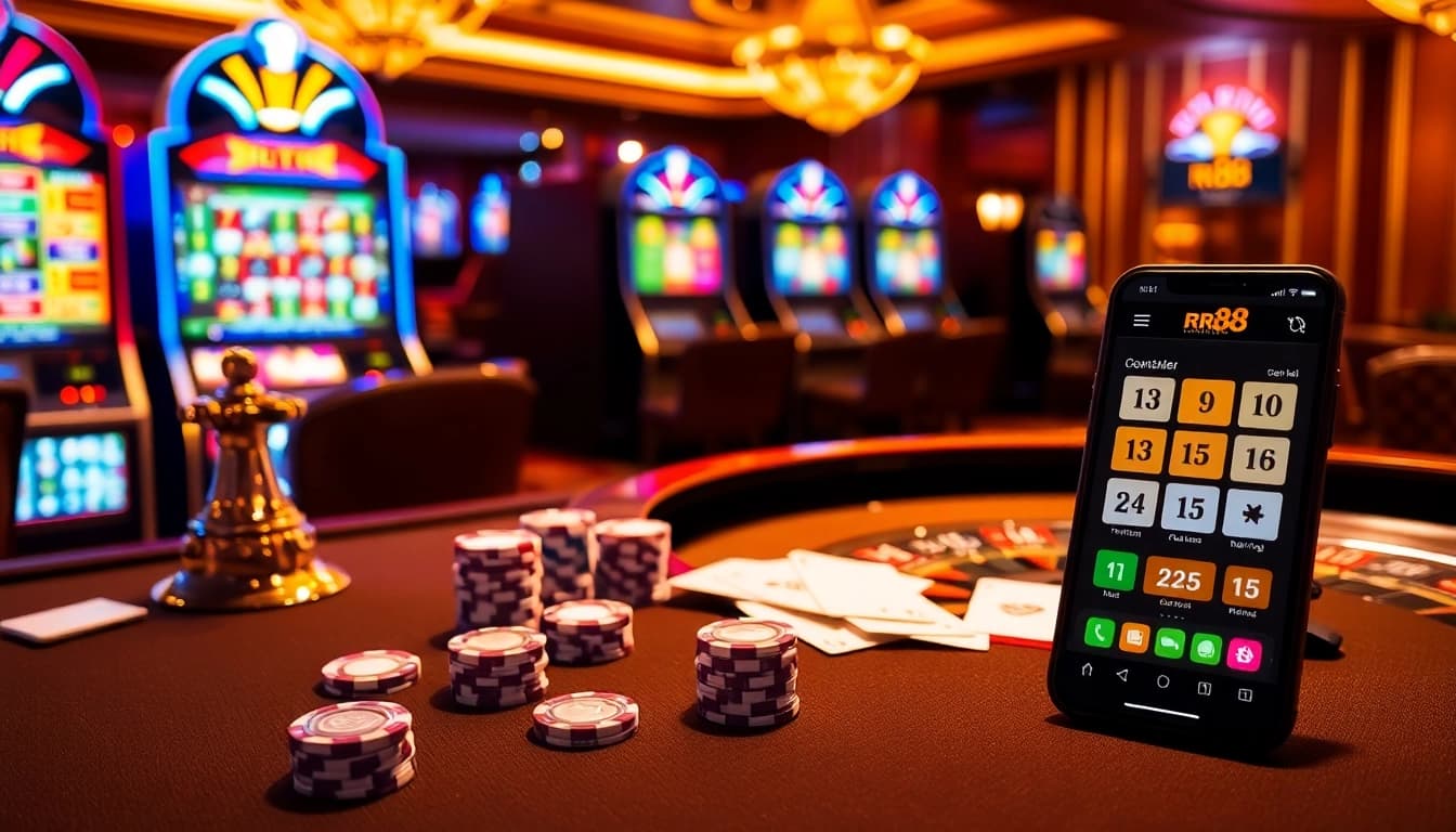 Engaging RR88 gambling scene with poker chips, roulette wheel, and vibrant slot machines.