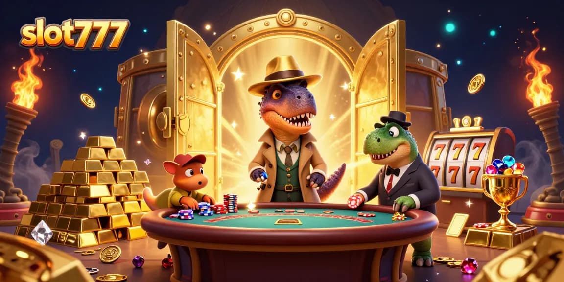 Experience excitement with slot777 as a velociraptor plays blackjack, while a stegosaurus and compy join the thrill!