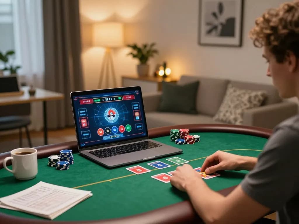 BOM88 player engaging in an exciting online poker game at home, showcasing digital interface and focused gameplay.