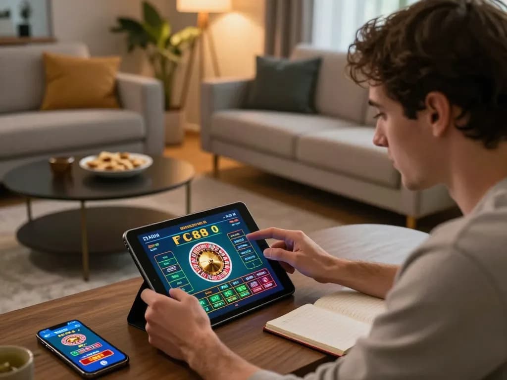 Player immersed in online gameplay at FC88 casino, strategizing with tablet