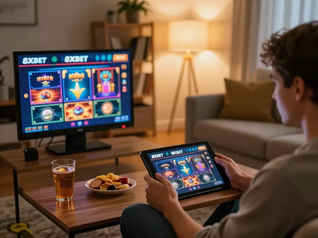 Engaged player enjoying 8xbet online casino on tablet in a cozy home environment.