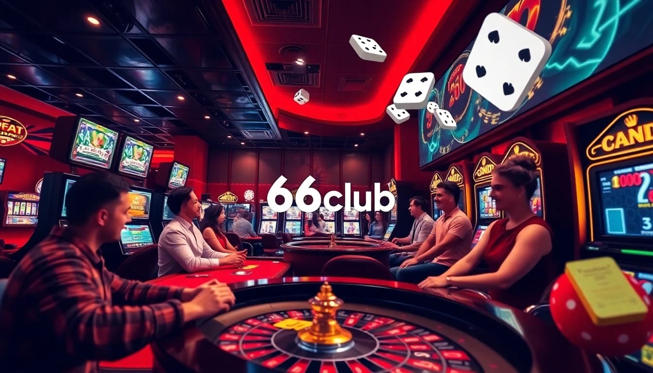 Experience the excitement of gaming at 66club with vibrant casino visuals and players engaged in thrilling games.